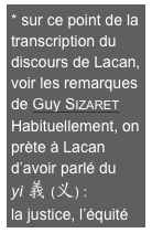 * sur ce point de la transcription du discours de Lacan, voir les remarques de Guy Sizaret
Habituellement, on prète à Lacan d’avoir parlé du 
yì 義 (义) : 
la justice, l’équité